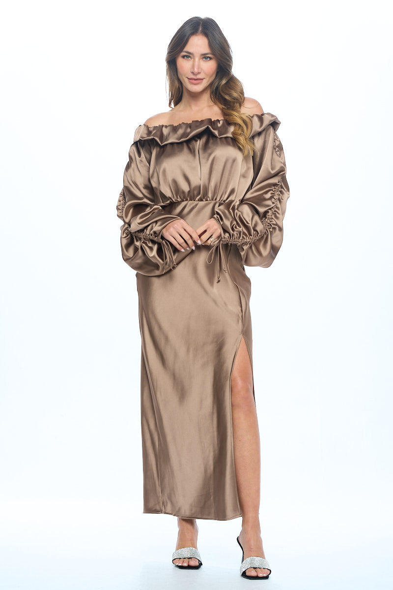 Satin Off Shoulder Dress with Ruched Sleeve and Slit-2