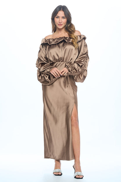 Satin Off Shoulder Dress with Ruched Sleeve and Slit-2