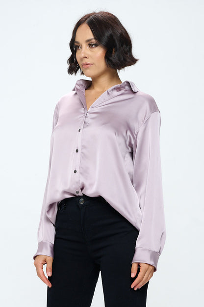 Stretch Satin V neck Blouse with Collar-2