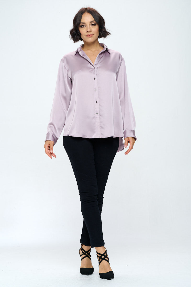 Stretch Satin V neck Blouse with Collar-4