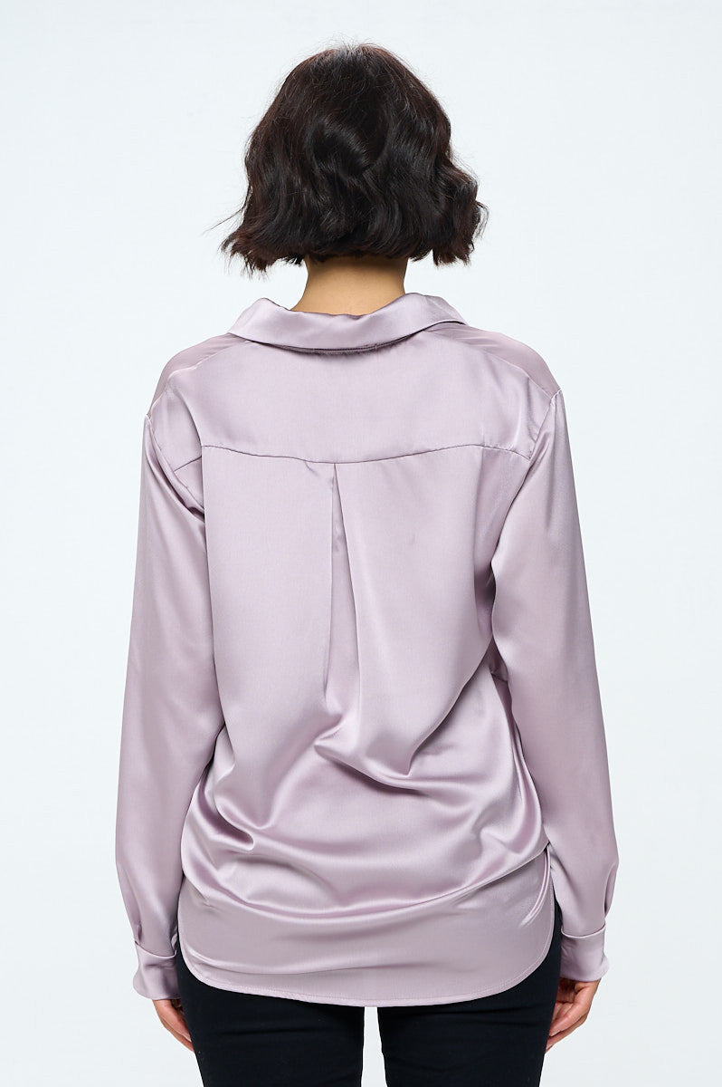 Stretch Satin V neck Blouse with Collar-3