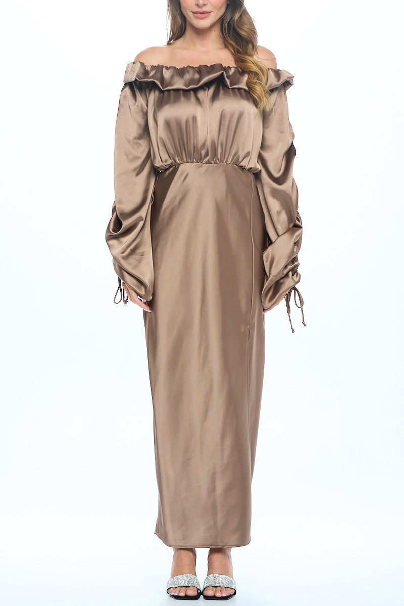 Satin Off Shoulder Dress with Ruched Sleeve and Slit-4
