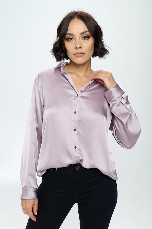 Stretch Satin V neck Blouse with Collar-0