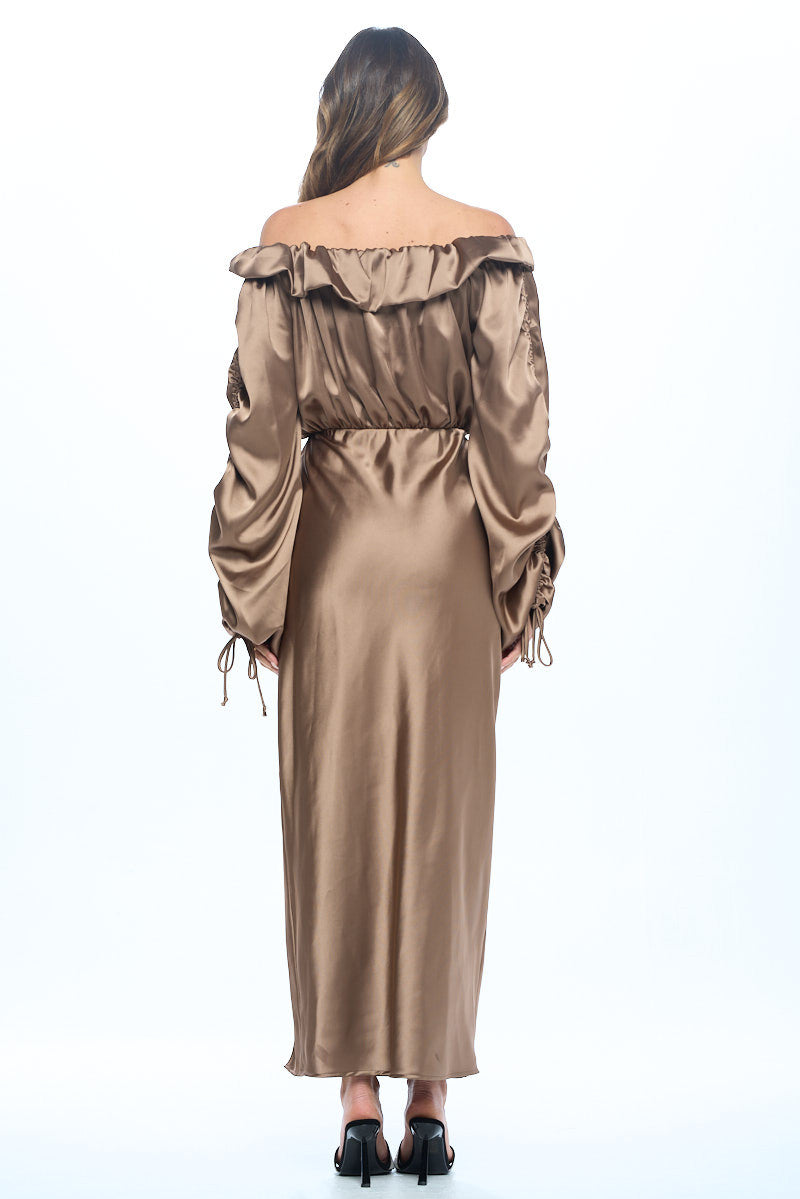 Satin Off Shoulder Dress with Ruched Sleeve and Slit-5