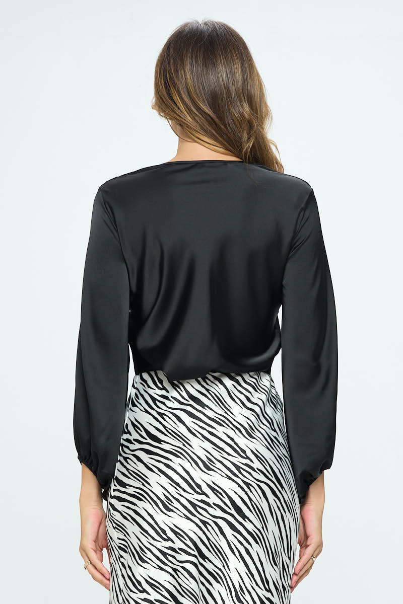 Stretch Satin V neck Top with Front Twist-3