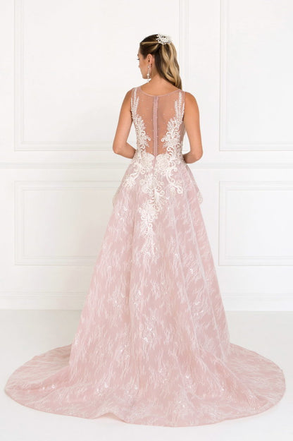 Lace Illusion Sweetheart A-Line Long Dress with Organza Overlay-3