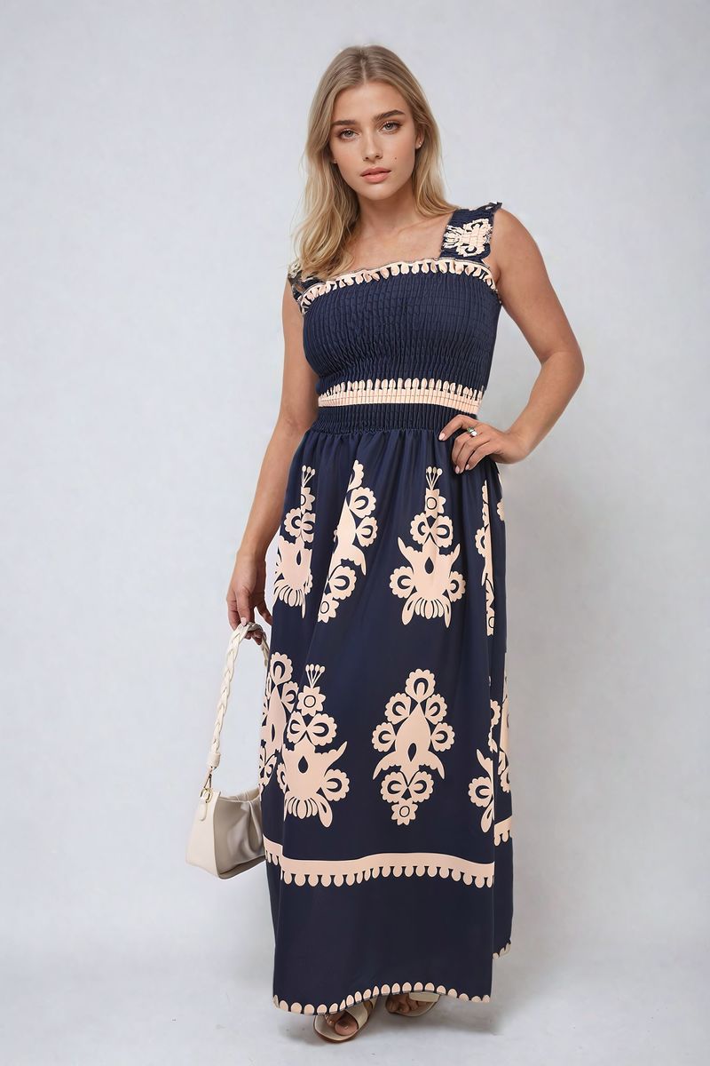 She Wears Glory™ Smocked Sleeveless Flowy Tribal Print Summer Maxi Dress