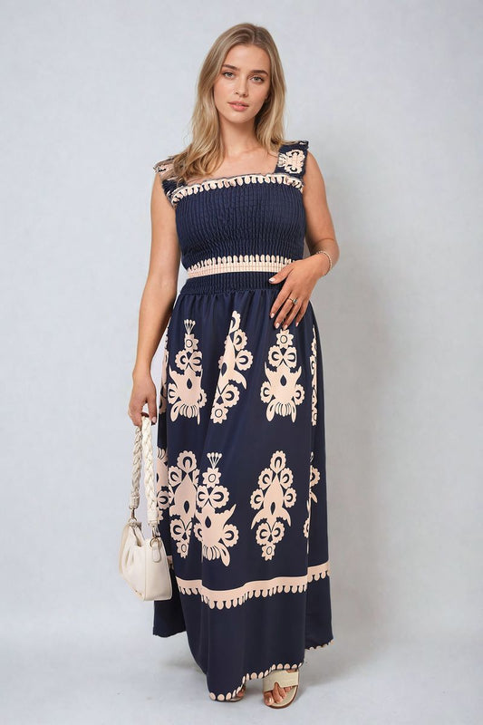 She Wears Glory™ Smocked Sleeveless Flowy Tribal Print Summer Maxi Dress
