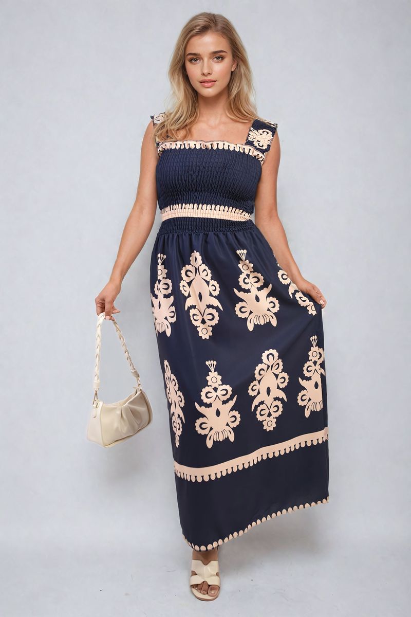 She Wears Glory™ Smocked Sleeveless Flowy Tribal Print Summer Maxi Dress