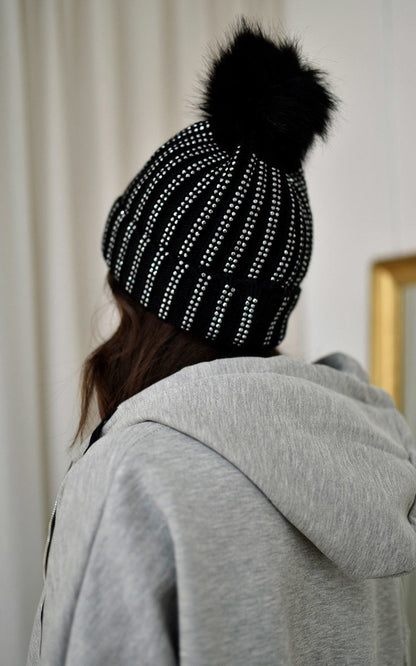 She Wears Glory™Faux Fur Lined Beanie Rhine Stone Hat