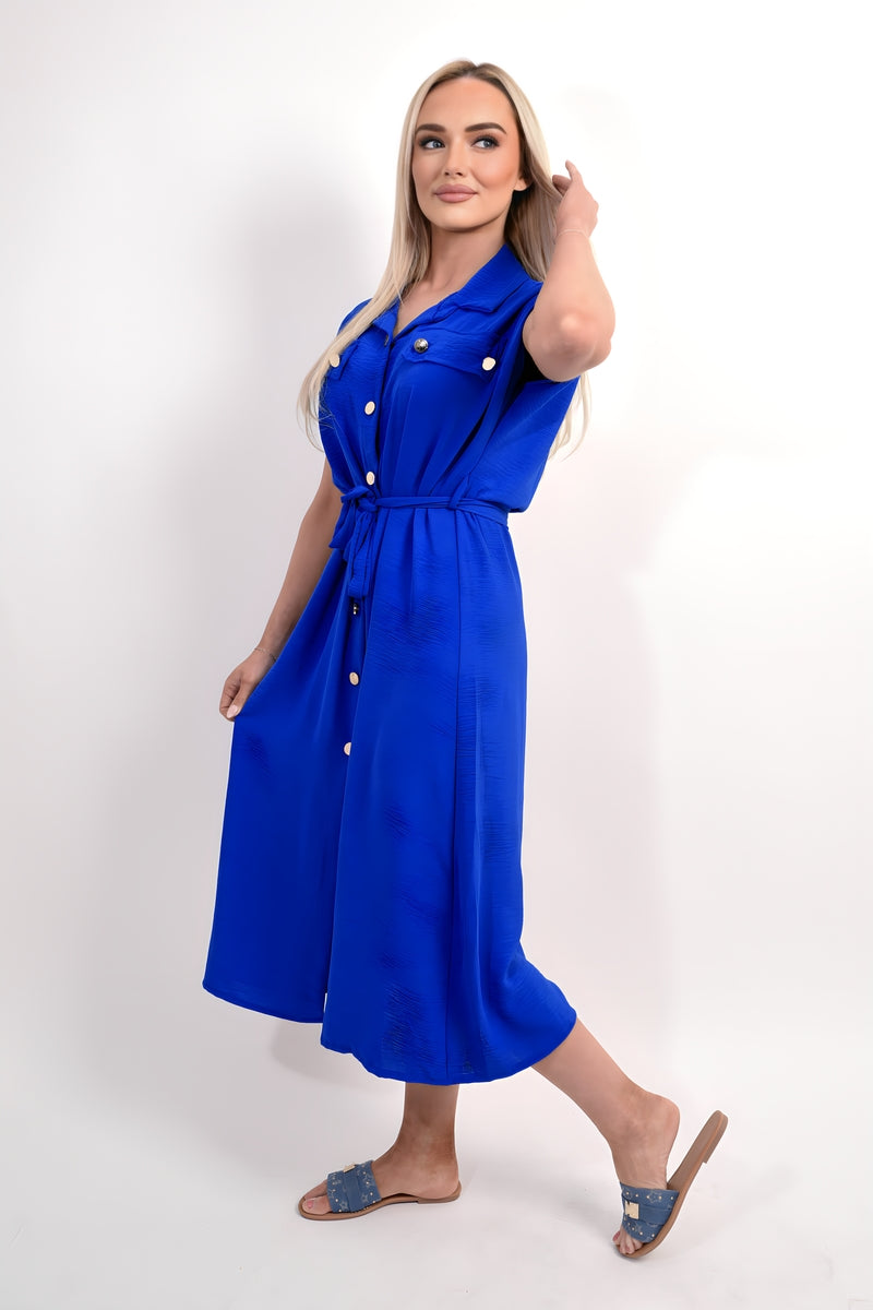 Collared Button Down Short Sleeve Tie Waist Midi Dress - She Wears Glory Beverly Hills