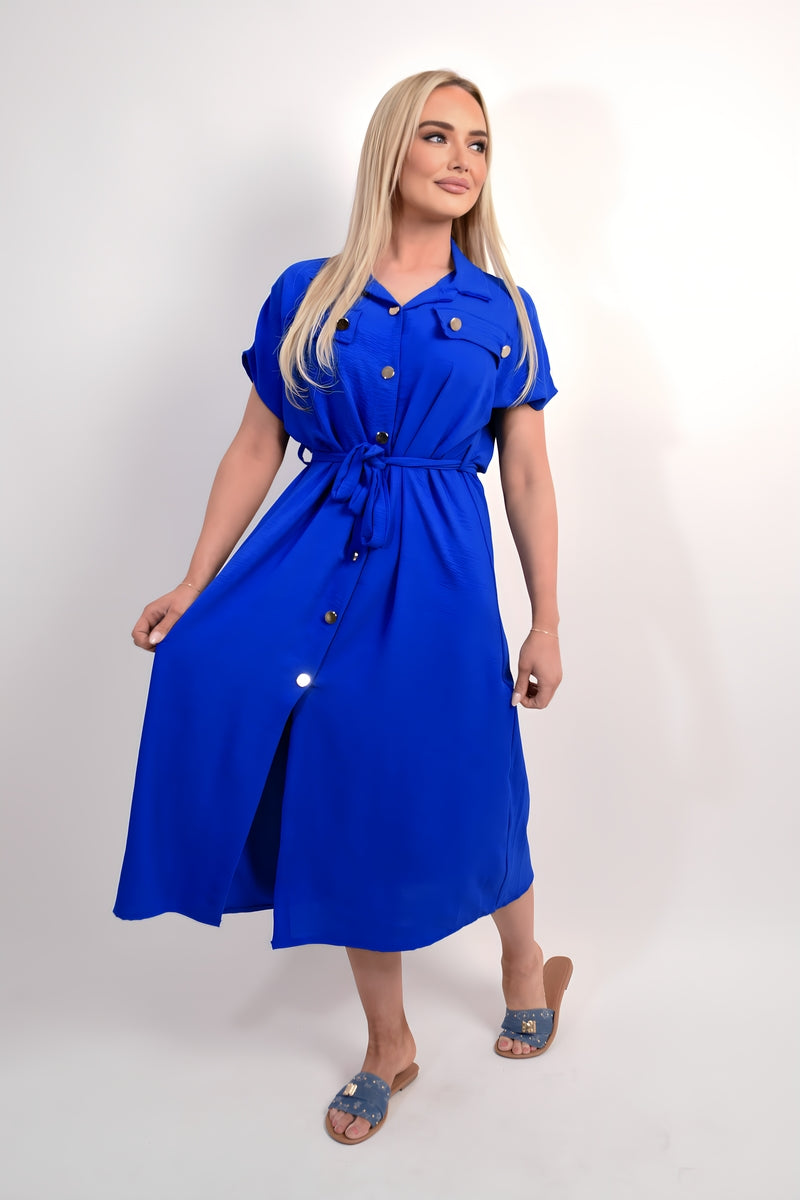 Collared Button Down Short Sleeve Tie Waist Midi Dress - She Wears Glory Beverly Hills