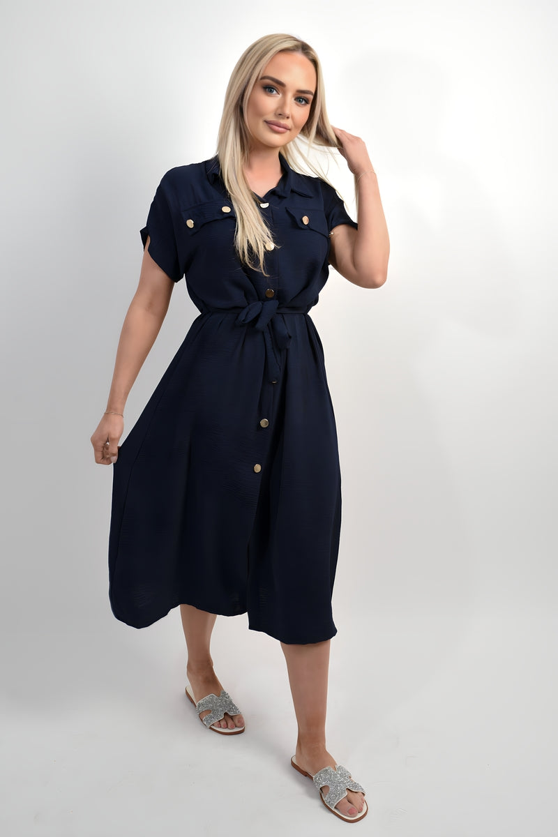 Collared Button Down Short Sleeve Tie Waist Midi Dress - She Wears Glory Beverly Hills