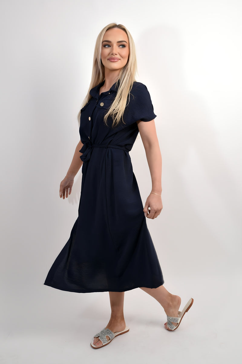 Collared Button Down Short Sleeve Tie Waist Midi Dress - She Wears Glory Beverly Hills