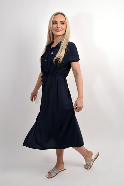 Collared Button Down Short Sleeve Tie Waist Midi Dress - She Wears Glory Beverly Hills