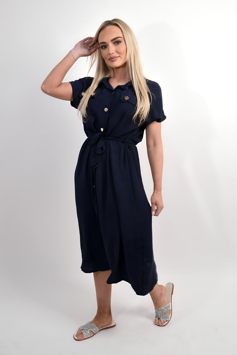 She Wears Glory™ Collared Button Down Short Sleeve Tie Waist Midi Dress