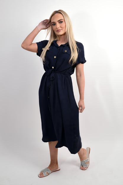 She Wears Glory™ Collared Button Down Short Sleeve Tie Waist Midi Dress