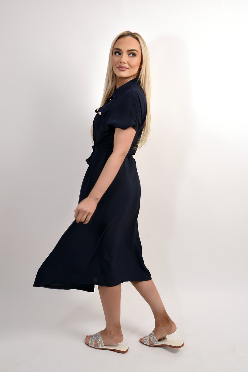 She Wears Glory™ Collared Button Down Short Sleeve Tie Waist Midi Dress