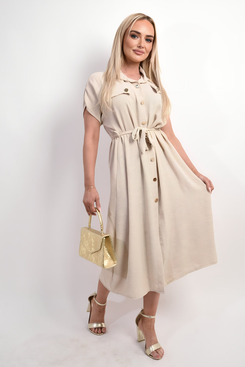 Collared Button Down Short Sleeve Tie Waist Midi Dress - She Wears Glory Beverly Hills
