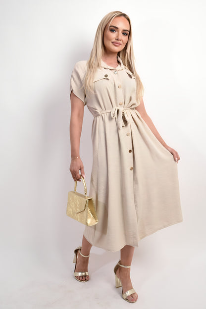 Collared Button Down Short Sleeve Tie Waist Midi Dress - She Wears Glory Beverly Hills