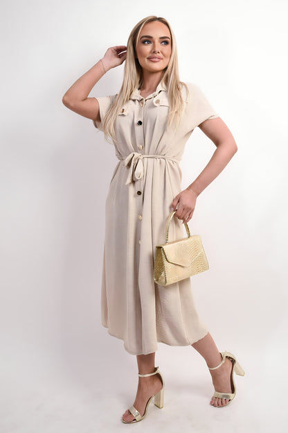 Collared Button Down Short Sleeve Tie Waist Midi Dress - She Wears Glory Beverly Hills