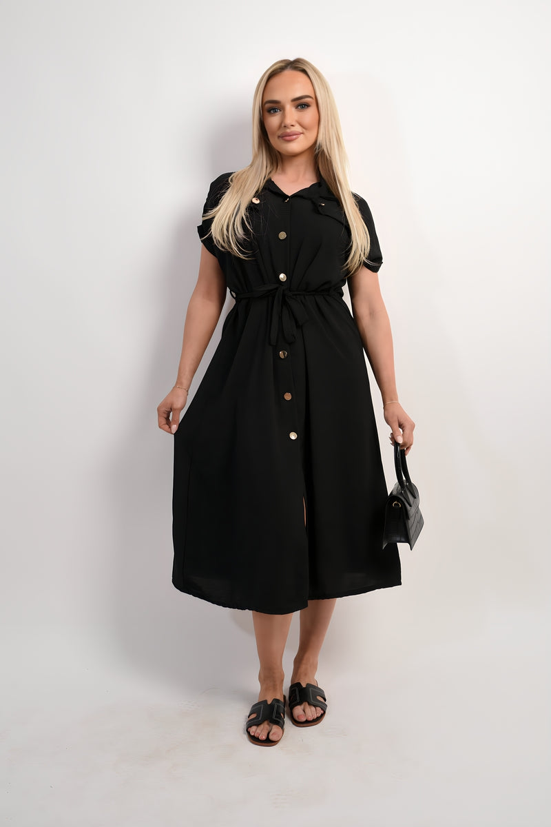 Collared Button Down Short Sleeve Tie Waist Midi Dress - She Wears Glory Beverly Hills