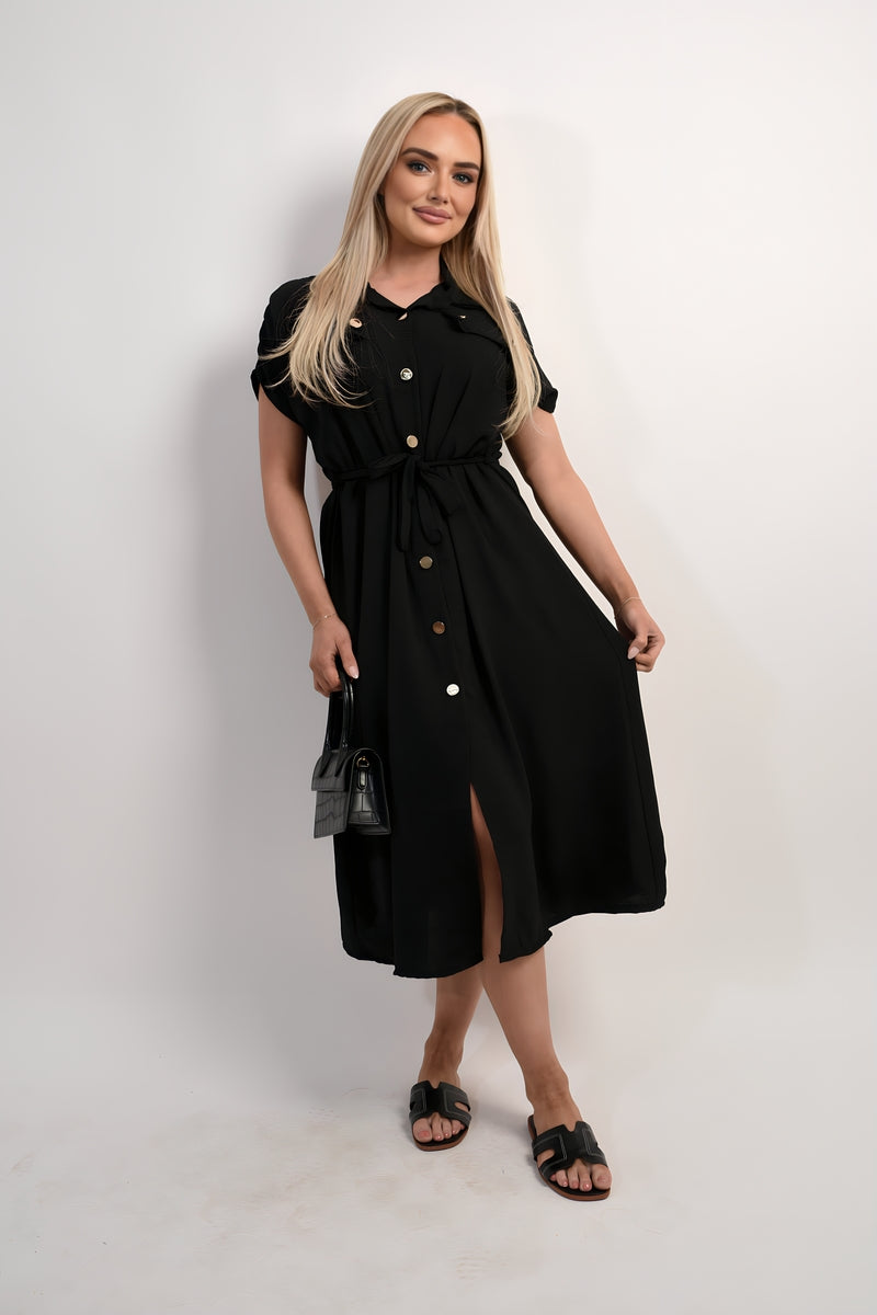 Collared Button Down Short Sleeve Tie Waist Midi Dress - She Wears Glory Beverly Hills