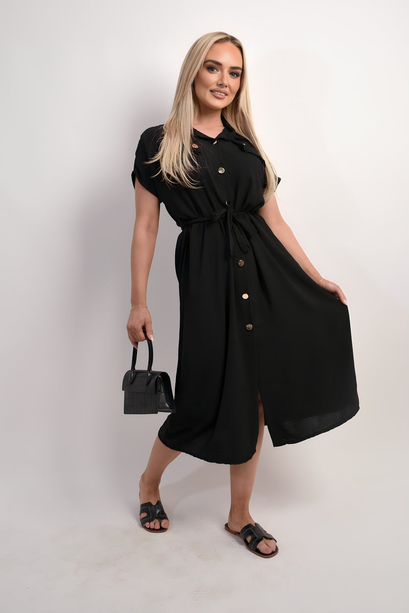 Collared Button Down Short Sleeve Tie Waist Midi Dress - She Wears Glory Beverly Hills