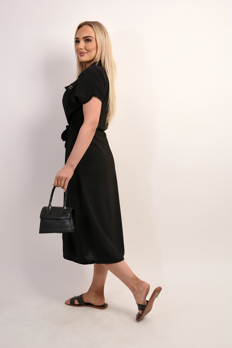 Collared Button Down Short Sleeve Tie Waist Midi Dress - She Wears Glory Beverly Hills