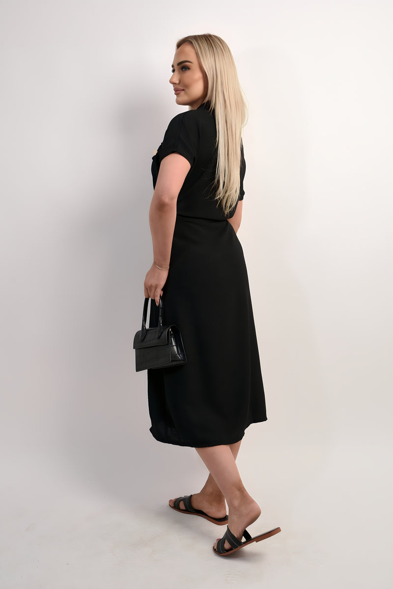 Collared Button Down Short Sleeve Tie Waist Midi Dress - She Wears Glory Beverly Hills