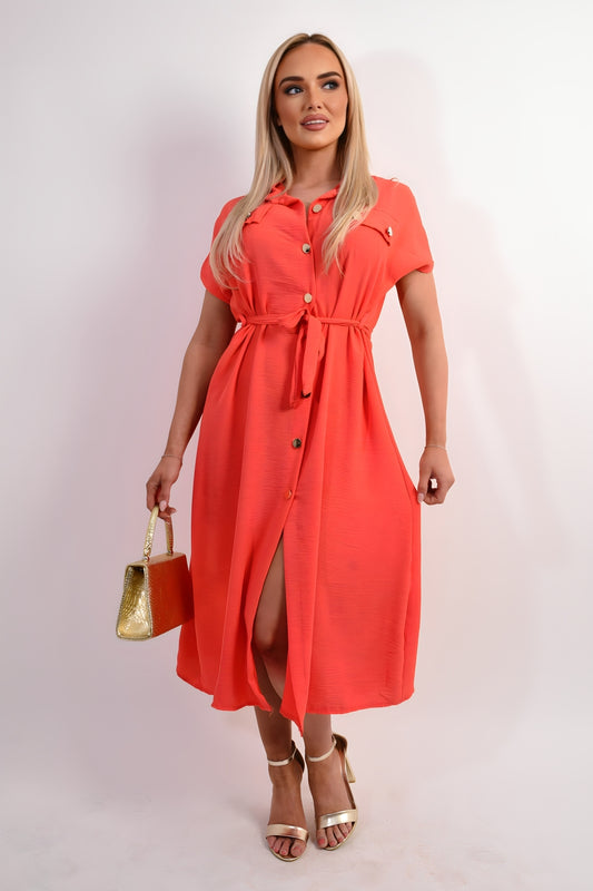 Collared Button Down Short Sleeve Tie Waist Midi Dress - She Wears Glory Beverly Hills