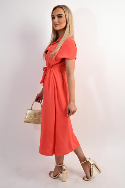 Collared Button Down Short Sleeve Tie Waist Midi Dress - She Wears Glory Beverly Hills