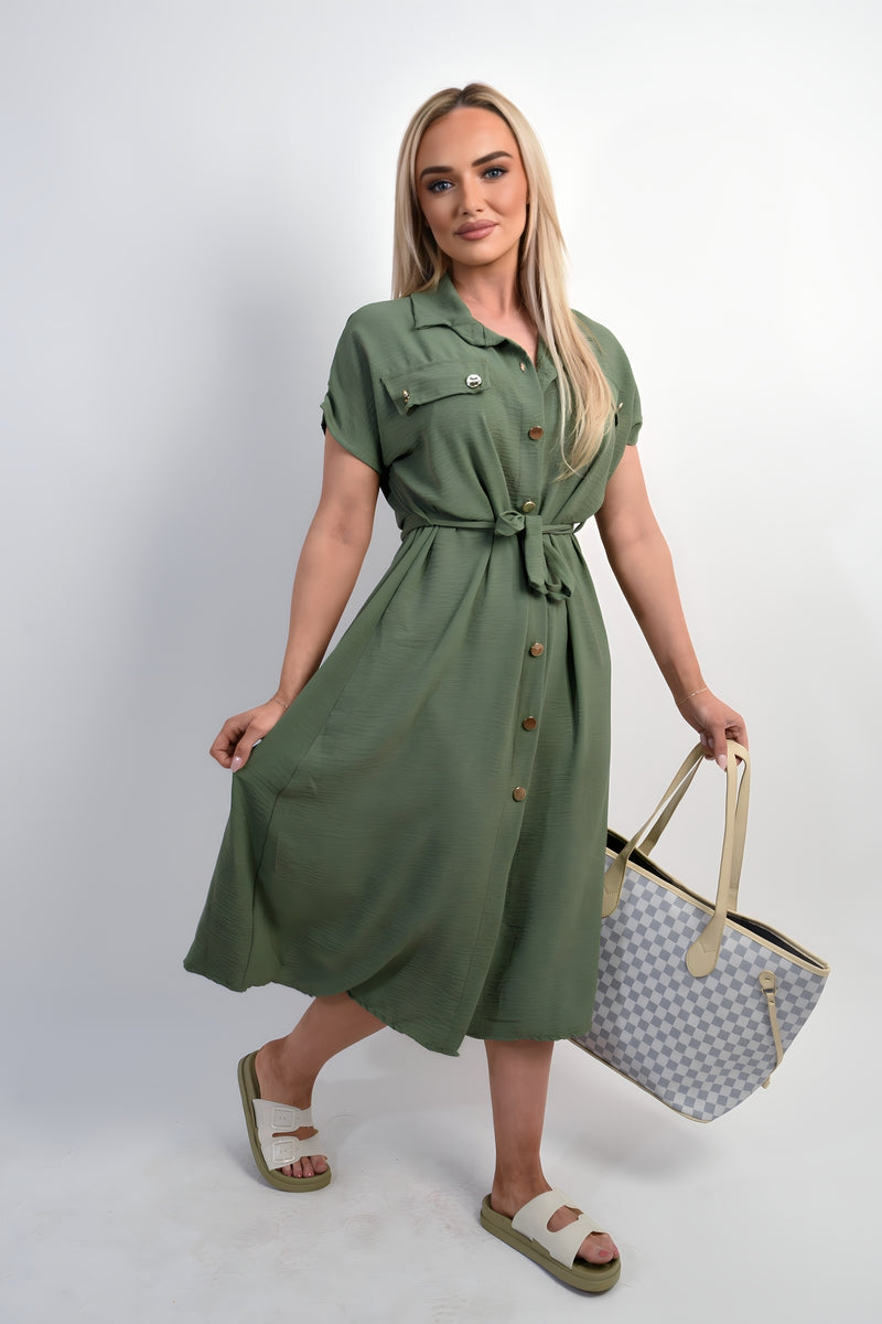 Collared Button Down Short Sleeve Tie Waist Midi Dress - She Wears Glory Beverly Hills