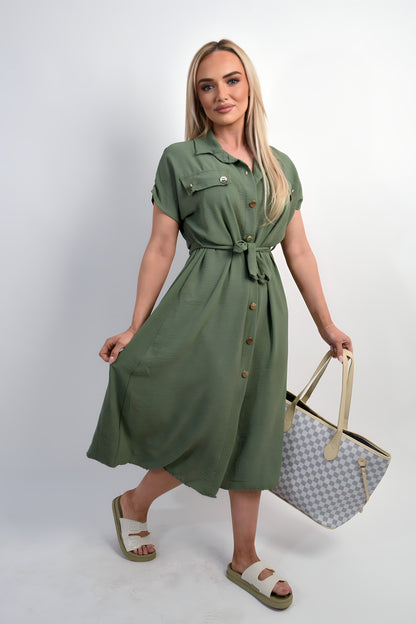 Collared Button Down Short Sleeve Tie Waist Midi Dress - She Wears Glory Beverly Hills