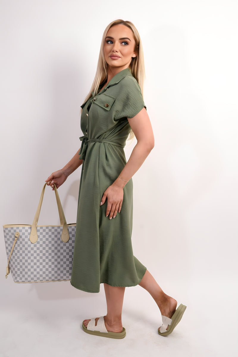 Collared Button Down Short Sleeve Tie Waist Midi Dress - She Wears Glory Beverly Hills