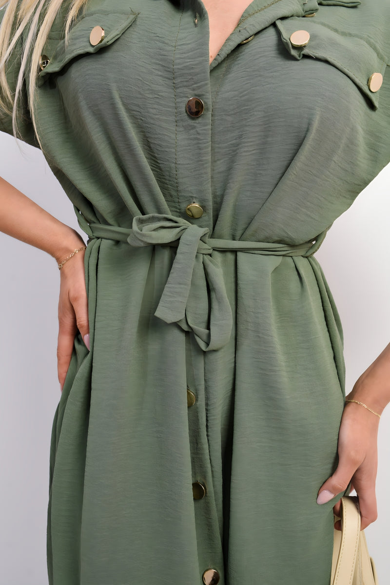 Collared Button Down Short Sleeve Tie Waist Midi Dress - She Wears Glory Beverly Hills