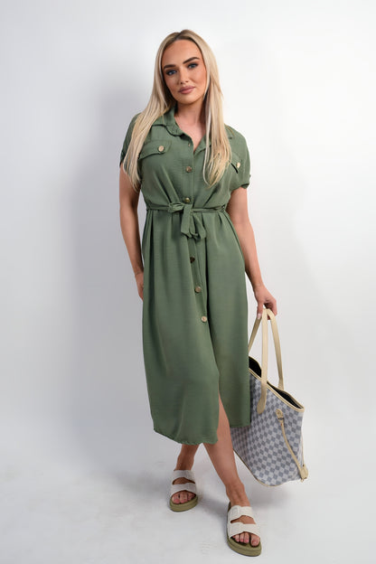 Collared Button Down Short Sleeve Tie Waist Midi Dress - She Wears Glory Beverly Hills