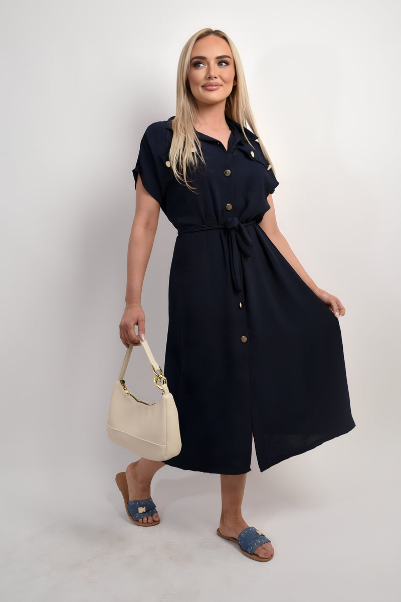 Collared Button Down Short Sleeve Tie Waist Midi Dress - She Wears Glory Beverly Hills