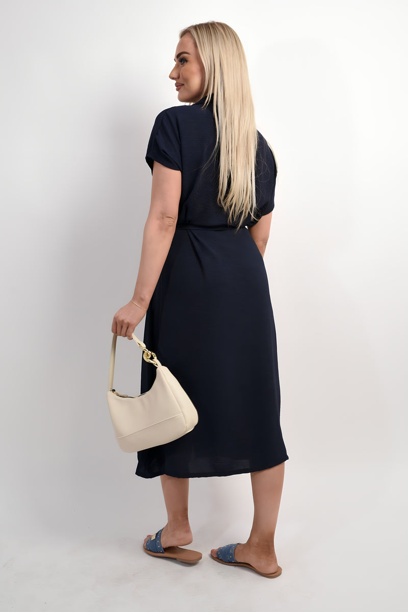 Collared Button Down Short Sleeve Tie Waist Midi Dress - She Wears Glory Beverly Hills