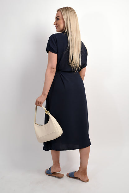 Collared Button Down Short Sleeve Tie Waist Midi Dress - She Wears Glory Beverly Hills