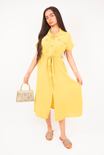She Wears Glory™ Collared Button Down Short Sleeve Tie Waist Midi Dress