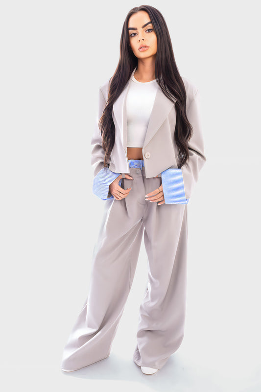 Long Sleeve Cropped Blazer Top And Straight Leg Trouser Co-ord Set - She Wears Glory Beverly Hills