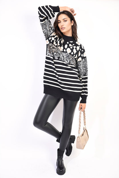 She Wears Glory™ Leopard Sequin High Neck Knitted Jumper