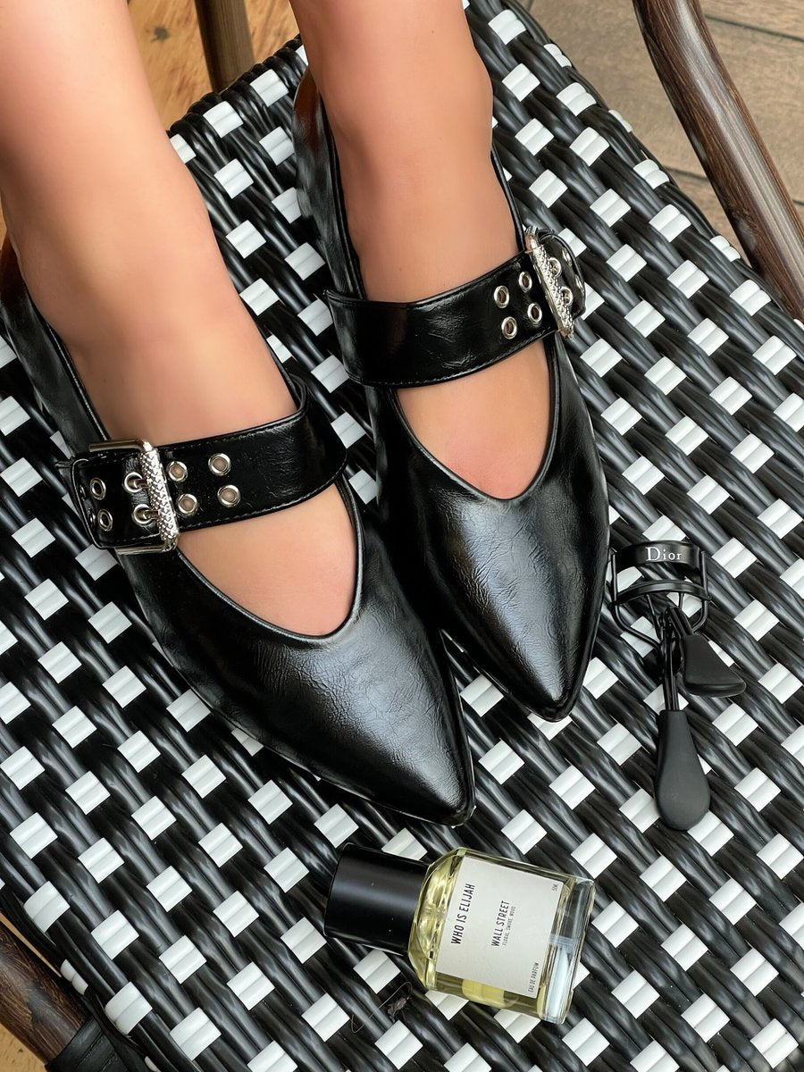 Low Heel Buckle Eyelet Strap Pointed Flat Shoes - She Wears Glory Beverly Hills