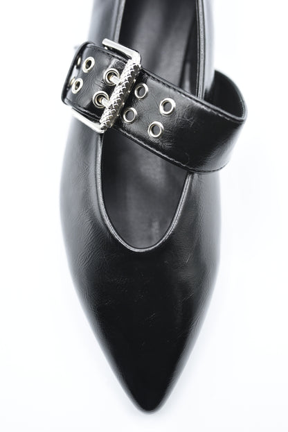 Low Heel Buckle Eyelet Strap Pointed Flat Shoes - She Wears Glory Beverly Hills