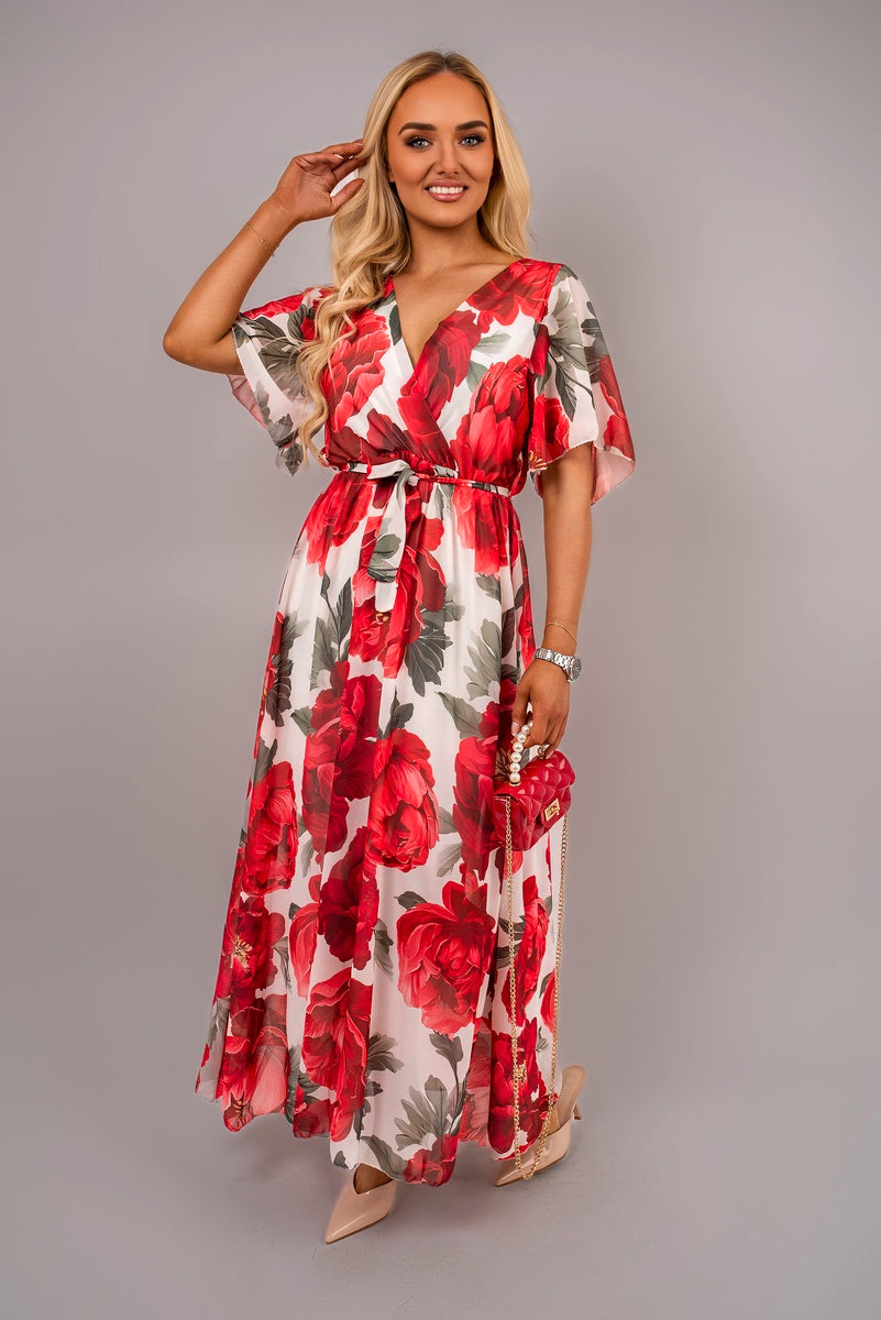 Floral V Neck Short Sleeve Maxi Dress with Tie Waist - She Wears Glory Beverly Hills