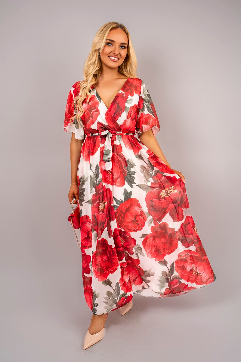 Floral V Neck Short Sleeve Maxi Dress with Tie Waist - She Wears Glory Beverly Hills