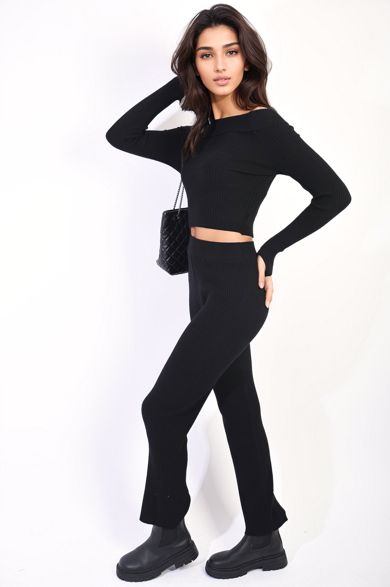 She Wears Glory™ Knitted Long Sleeves Cropped Off Shoulder Top and Trousers Co-ord Set
