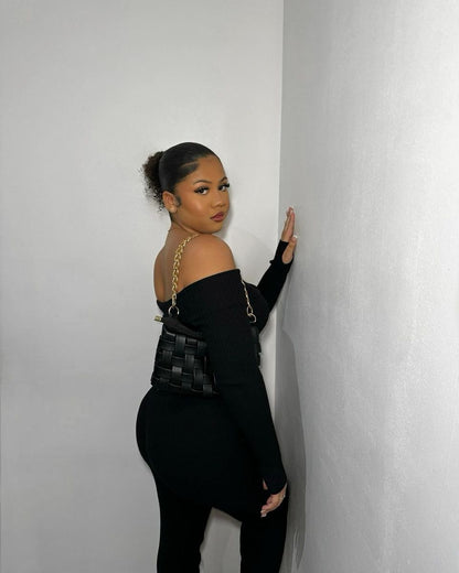 She Wears Glory™ Knitted Long Sleeves Cropped Off Shoulder Top and Trousers Co-ord Set