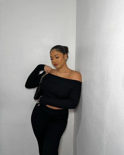She Wears Glory™ Knitted Long Sleeves Cropped Off Shoulder Top and Trousers Co-ord Set